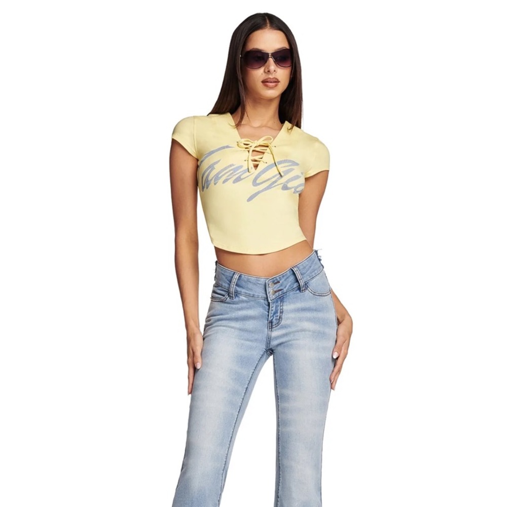 I AM GIA XS YELLOW RIED TOP NWOT
